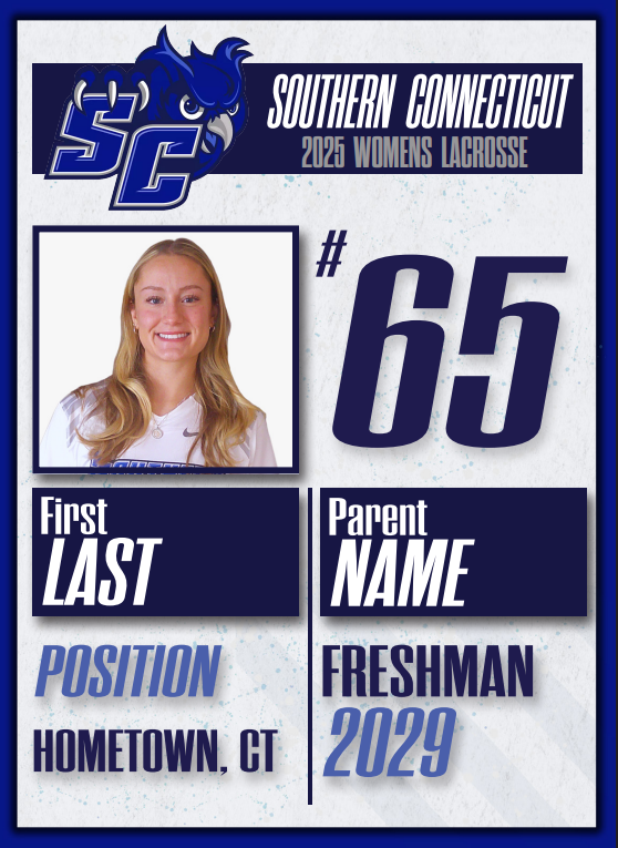 Southern Connecticut Women's Lacrosse roster card designed by Tailgate Prints